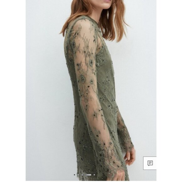 Mango Green Long Sleeve Lace Sequin Bead Dress L Large Olive Green $159 NEW - Picture 8 of 15